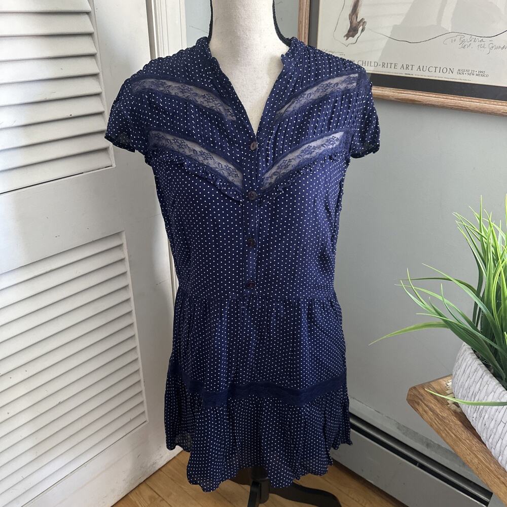 April Cornell Dress Medium Blue Polka Dot Mini Shift Dainty Lace Trim Preppy